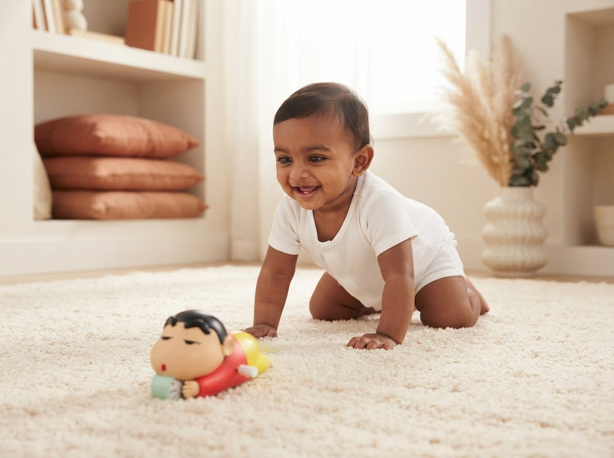 A South Asian baby crawling on a cream-colored rug towards an interactive Shinchan toy in a bright, modern nursery.
