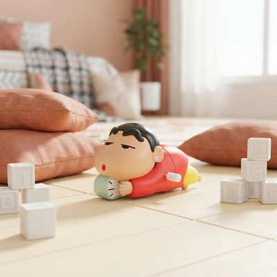 A Shinchan crawling toy displayed on a cream floor with terracotta and white nursery decor in a modern home setting.