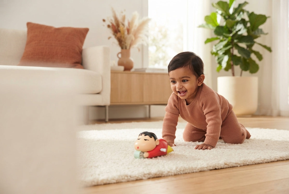 A South Asian toddler crawls toward a Shinchan crawling toy on a cream rug in a warm, terracotta-toned living room.