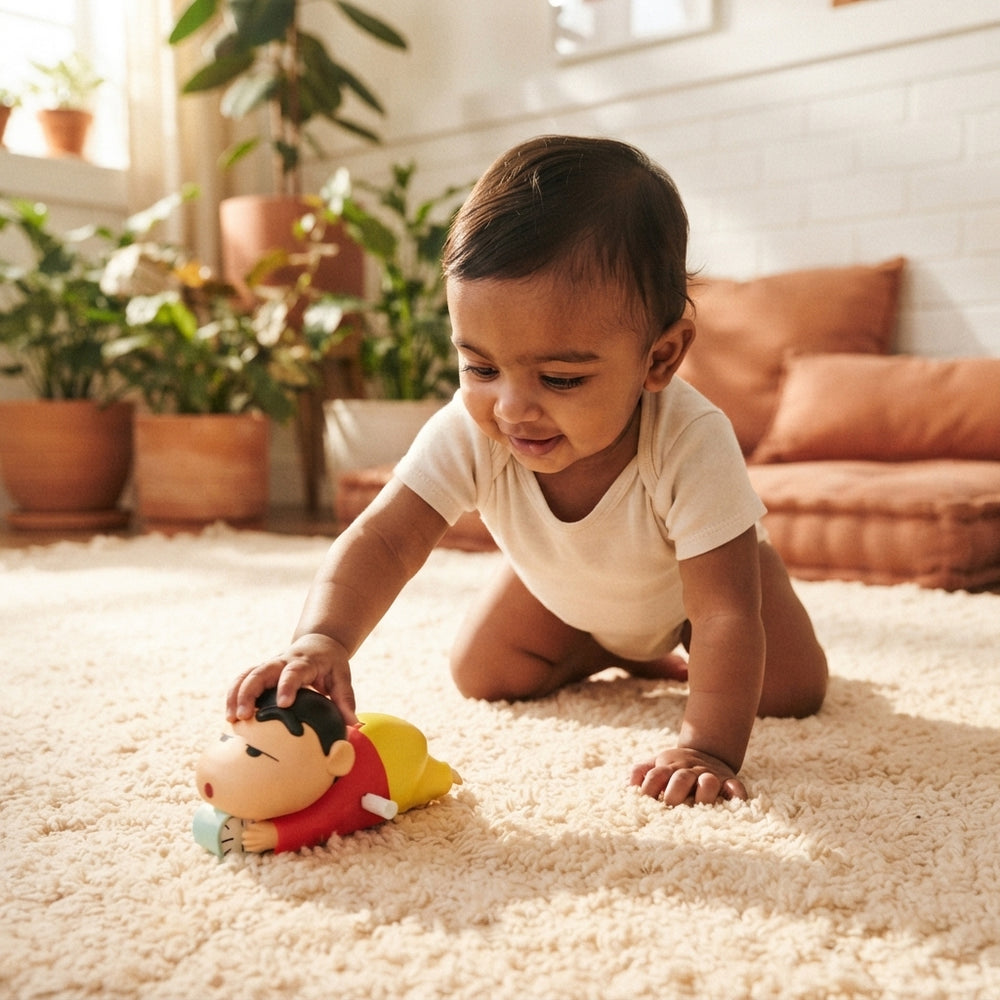 A South Asian baby playing with a Shinchan crawling toy on a cream-colored rug in a sunlit room with terracotta decor accents