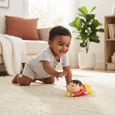 A happy South Asian baby crawling toward a Shinchan toy on a cream-colored rug in a sunlit living room.