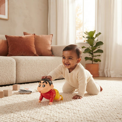 A South Asian baby crawling on a cream rug in a sunlit living room while playing with a Shinchan developmental toy.